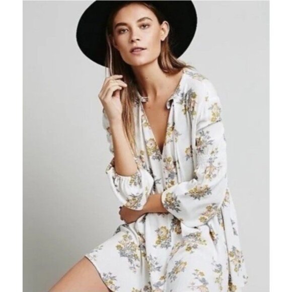 Free People Dress XS Mini Floral Gardenia Swing Tunic Boho Flowy Cottagecore - Picture 2 of 12